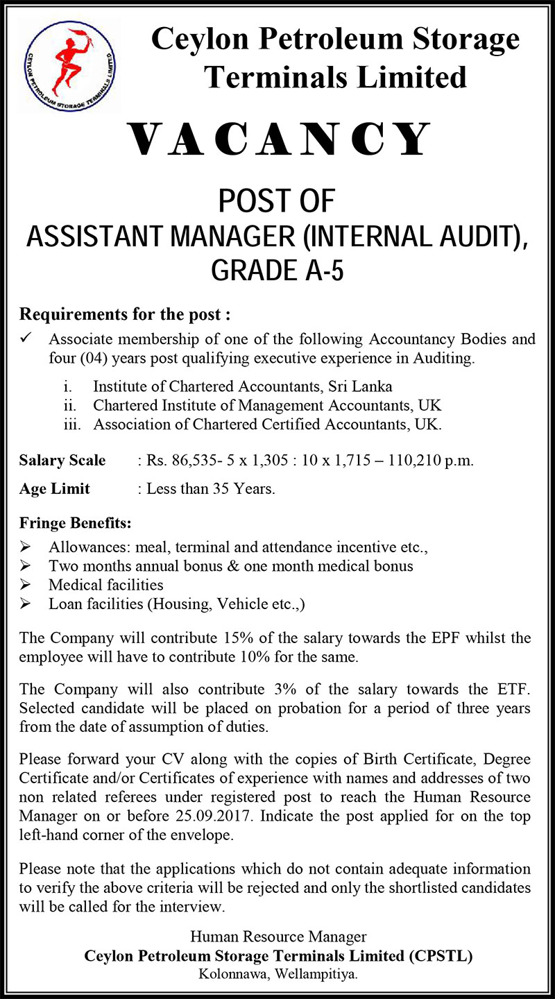 Assistant Manager (Internal Audit) - Ceylon Petroleum Storage Terminals Ltd